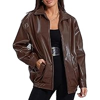 Women Leather Bomber Jacket Oversized Zip Up Faux Leather Jacket Vintage Coat Fall Fashion 2023