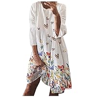 Women's Long Dresses Summer Casual Comfortable Round Neck Butterfly Leaf Print Sleeve Dress