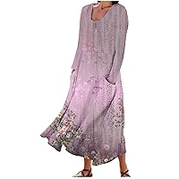 Women Casual Loose Bohemian Floral Dresses with Pockets 2023 Fashion Soft Long Sleeve Crewneck Fall Flowy Maxi Dress