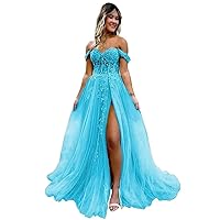 Off Shoulder Tulle Prom Dresses Laces Applique Ball Gown Slit A Line Evening Formal Gown