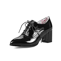 Women's Lace Up Pump Oxfords Pointed Toe Patent PU Leather Fashion High Chunky Block Heel Dress Shoes