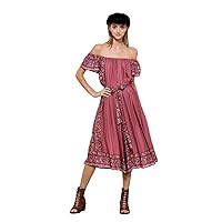 Women's Bohemian Embroidered Off The Shoulder Midi Dress, Mauve, Large