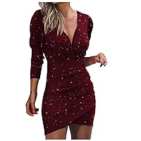 Women's Sexy Sequin Dress Wrap V Neck Ruched Bodycon Cocktail Party Night Club Plus Size Lace Dresses