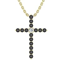 14k Yellow Gold timeless cross pendant set with 15 charismatic black diamonds (1/4ct, I1 Clarity) encompassing 1 round white diamond, (.025ct, H-I Color, I1 Clarity), hanging on a 18