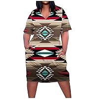 Womens Plus Size Western Dress Summer Ethnic Style Geometric Print Retro Dress Casual V Neck Short Sleeve Midi Dresses