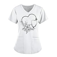 Womens Scrub Tops Fashion Floral Love Printed Work Uniform T-Shirt V Neck Short Sleeve Nurse Tunic Blouse with Pockets