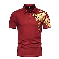 Mens Hipster Gold Rose Printed Slim Fit Short Sleeve Button Down Dress Shirts Vintage Fashion Lapel Golf Shirt Tops