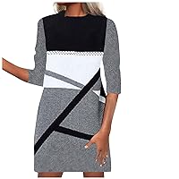 Women's Tank Dress O-Neck Long Sleeve Color Block Ethnic Style Comfy Casual Dress Bodycon Dress