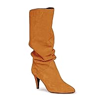 Coutgo Womens Slouchy Knee High Boots Wide Calf Kitten Heel Pointed Toe Pull On Long Boots Winter Shoes