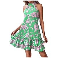 Women's Print Mini Dress Turtleneck Ruffled Floral Dresses Sleeveless Party Beach Dress