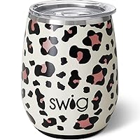Swig 14oz Wine Tumbler | Insulated Wine Tumbler with Lid, Dishwasher Safe, Stainless Steel Wine Tumblers for Women, Insulated Wine Cups, Outdoor Wine Glasses, Travel Wine Glass (Luxy Leopard)