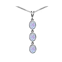 Beautiful Jewellery Company BJC® Solid 9ct White Gold Cultured Opal Triple Drop Oval Gemstone Pendant 4.50ct & 9ct White Gold Curb Necklace Chain