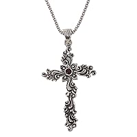 NOVICA Handmade .925 Sterling Silver Garnet Pendant Necklace Crafted with Cross Red Indonesia Christian Religious Spiritual Birthstone 'Balinese Floral Cross'