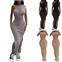 Summer Maxi Bodycon Dress for Women Sleeveless Ruched High Split One Shoulder Dresses Solid Sexy Casual Long Dress