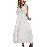 Women's Summer Wrap V Neck Ruffle Sleeve Tiered Midi Dress Tie Waist A Line Long Beach Dress Chiffon Pleated Skirt