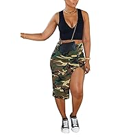 Casual Camo Cargo Skirts for Women Sexy High Split Frayed Raw Hem Pencil Maxi Skirts with Pockets