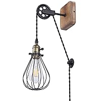 Retro Industrial Plug in Wall Sconces for Bedroom Living Room, Wood Base Metal Cage Shade Hanging Wall Lamp, Adjustable Wall Light Fixture, Farmhouse Modern Vintage Wall Décor (no Bulb)