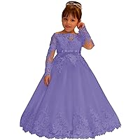 Lace Tulle Flower Girl Dress for Wedding Long Sleeve Princess Dresses Lavender Pageant Party Gown with Bow Size 5