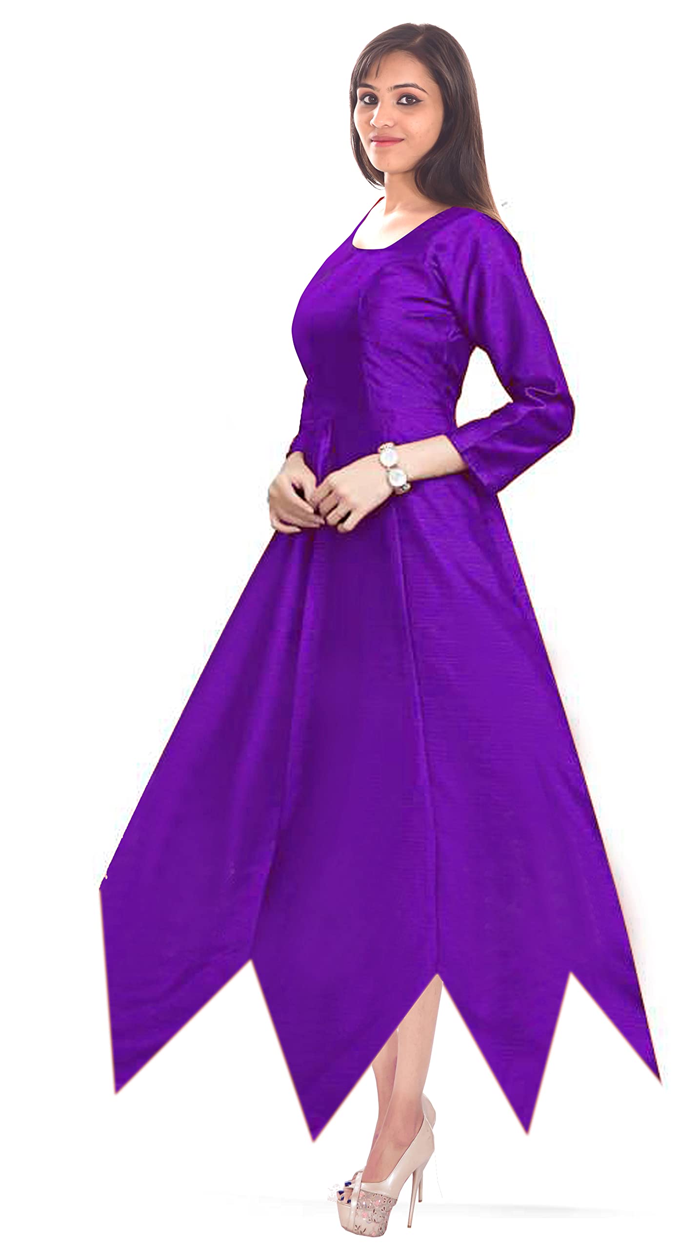Lakkar haveli Beautiful Women's Tunic Art Dupien Poly Silk Handkerchief Dress Top Casual Frock Suit Purple Color Wedding Wear Plus Size (Medium)
