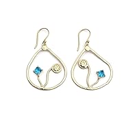 Square Shape Swiss Blue Topaz Hydro Handmade Design Gemstone Brass Gold Plated Dangle Earrings