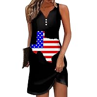 4th of July Dress Women Fashion Summer Casual Independence Day Printed Sleeveless V-Neck Drawstring Beach Party Dress