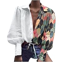 Women's Fashion Print Patchwork Shirt Long Sleeve V Neck Button Down Casual Blouse Tops Dressy Trendy Business Shirts