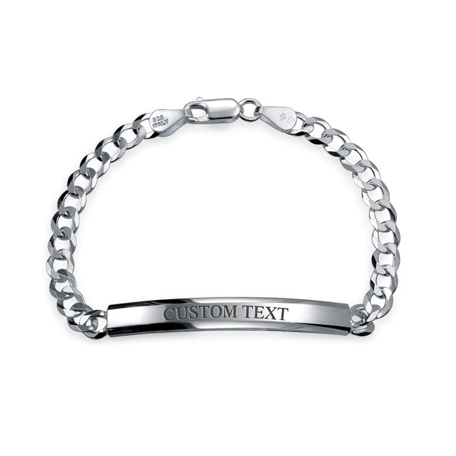 Bling Jewelry Personalize Bar Name Plated identification ID Bracelet For Men with Mariner, Curb, Figaro, Link Chain .925 Sterling Silver Made In Italy 7,8,8.5,9 Inch Customizable