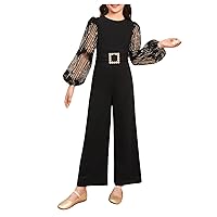WDIRARA Girl's Contrast Mesh Long Sleeve Round Neck Belted Casual Jumpsuit Long Pants