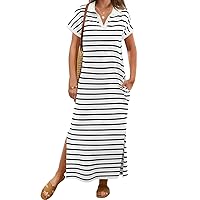 MEROKEETY Women's Summer Striped Short Sleeve Dress V Neck Collared Side Slit Casual Beach Maxi Dresses