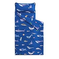 Wake In Cloud - Nap Mat with Removable Pillow for Kids Toddler Boys Girls Daycare Preschool Kindergarten Sleeping Bag, Sea Life Whale Fish Dolphin Printed on Blue,100% Soft Microfiber