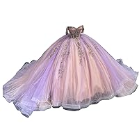 2024 Multi Color Lilac Tulle Pink Satin Ball Gown See Through Waist Quinceanera Prom Dress Gold Lace Flower Off Shoulder