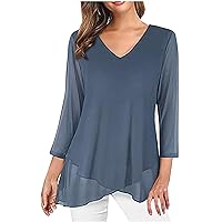 Women Loose Tunic Tops Layered Chiffon V Neck Shirts 3/4 Sleeve Dressy Blouses Tee Elegant Flowy Plain Shirt Tops