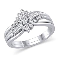 14k white gold 1/2 cttw Marquise, Baguette and Round White Diamond Bypass Engagement Ring Set for Women (Color H-I, Clarity I2)