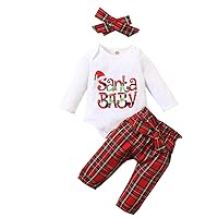 Baby Christmas Outfit Xmas Bodysuit Letter Printed Onesie with Plaid Pants Headband Clothes Set for Spring Autumn Winter Wear