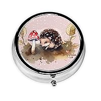 Hedgehog Watercolor Painting Pill Box Metal Round Small Pill Case Cute 3 Compartment Pill Organizer Portable Travel Pillbox Mini Pill Container Holder for Daily Medicine Supplement Vitamin