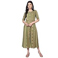 Rayon Printed Maxi Dress with Belt Round Neck Half Sleeves Indian Midi Dresses for Women Flowy Swing Dress