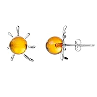 Baltic Amber Sterling Silver Flaming Sun Stud Ball Earrings for Women