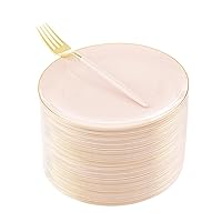 LIYH 48pcs Pink Plastic Plates with 48pcs Pink Dessert Forks,Gold and Pink Dessert Plates,Plastic Salad Plates,Pink Cake Plates with Forks for Parties,Birtday,Bridal Shower
