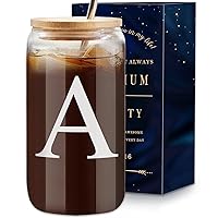 Initial Glass Cup 16oz, Monogrammed Gifts for Women, Glass Can Cup w/Bamboo Lid Straw,Personalized Valentines Mother Day Birthday Gifts for Women, Mom, Wife, Girlfriend, Sister, Friends (A)
