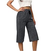 FunAloe Cropped Trousers Women Summer Trousers Solid Color 3/4 Shorts for Women Elastic Waist Capri Pants Lightweight Leggings with Pockets Ladies Joggers Size 16 Wide Leg Trousers