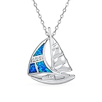 Bling Jewelry Gemstone Nautical Boat Summer Caribbean Vacation Ship Sailor Created Blue Opal Sailboat Necklace Pendant For Women Teen .925 Sterling Silver