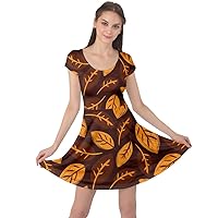 CowCow Womens Plus Size Casual Dresses Fallen Autumn Warm Shades Leaves Cap Sleeve Dress XS-5XL