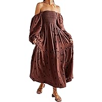 Daisy Embroidered Dress Floral Dress for Women Puff/Lantern Sleeve A-Line Square Neck Flowy High Waist Long Dress 2024