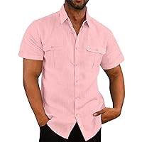 Mens Button Down Shirts Casual Short Sleeve Linen Chambray Shirt Cotton Lightweight Tees Spread Collar Plain Shirt