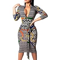 Bodycon Dress for Women Casual 3/4 Sleeve Floral Club Pencil Party Midi Dresses