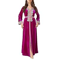 Arab Dubai Autumn Winter Abaya for Women Moroccan V-Neck Long Sleevedress Muslim Belted Gown