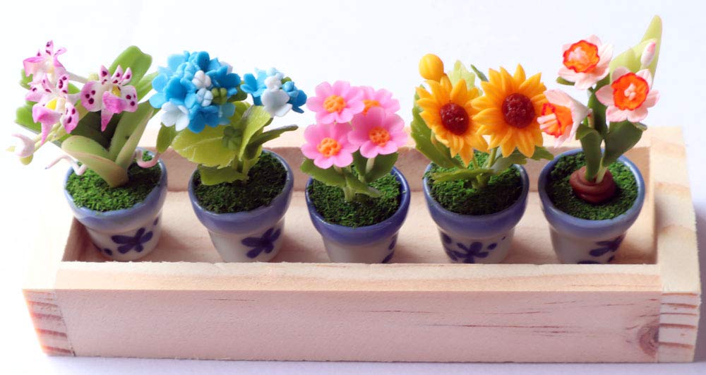 Set 5 Assorted Dollhouse Miniature Flowers,Tiny Flowers in Ceramic Pot with Planter Box, Dollhouse Accessories for Collectibles
