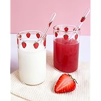 strawberry cups 2 SetsCute glass strawberry cups 300ML straw glass cups, Cute strawberry pattern glass bottles for water milk tea, coffee juice tea cups （2pcs）
