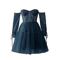 Maxianever Women’s Plus Size Tulle Prom Dresses with Lace Sleeves Short Evening Mini Homecoming Cocktail Gowns Navy Blue US28W
