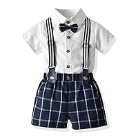 Baby Boys Gentleman Outfit Suits, Infant Boys Short Pants Set, Short Sleeve Shirt+Suspender Pants+Bow Tie